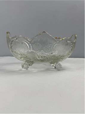 Vtg Jeannette Lombardi Pattern Clear Glass Serveware Fruit Bowl 22k Gold Trim